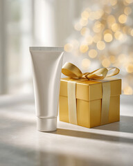 Sleek, realistic sunscreen tube stands elegantly beside beautifully wrapped golden gift box, creating warm and inviting atmosphere perfect for any occasion