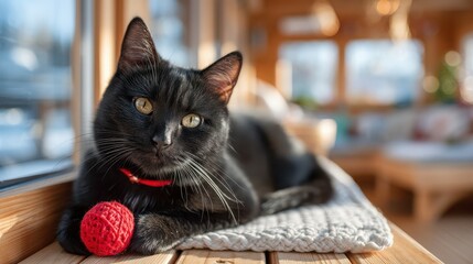 Elegant Black Cat with Red Ribbon Collar Sitting