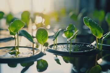 Leafy greens growing in hydroponic trays inside modern greenhouse