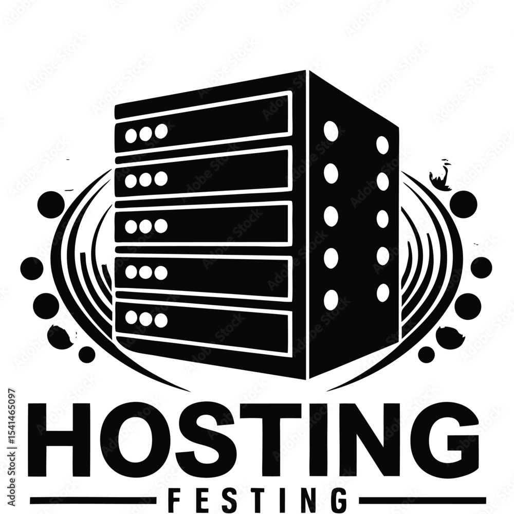 Poster clean black and white vector graphic illustrating a server rack with hosting services and cloud tech