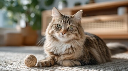Fluffy Tabby Cat Sitting Near TV Stand Relaxing