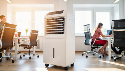 Portable air conditioner in co working space helping employees stay cool with copy space. Modern portable air conditioner provides comfortable temperature in shared office.