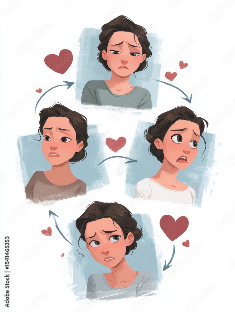 Aufkleber emotional stages experienced after a diagnosis displayed through illustrated expressions and heart s