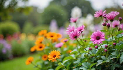 Fototapeta premium Colorful garden flowers in bloom, with a lush green background, used for landscaping concepts, with copy space. Bright flowers in full bloom create a vibrant garden scene
