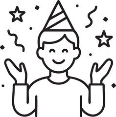 Line Art Illustration of a Person Celebrating with Party Hat Stars and Confetti for a Festive Occasion