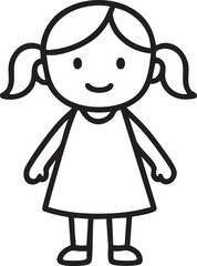Simple Line Drawing of a Smiling Girl with Ponytails Wearing a Dress Isolated on White Background