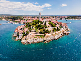 Aerial shot of the historic Croatian old town of Rovinj in the summer