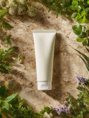 Skincare tube placed on polished marble surface surrounded by fresh greenery and herbs, creating serene and natural atmosphere. product is ideal for enhancing beauty routines