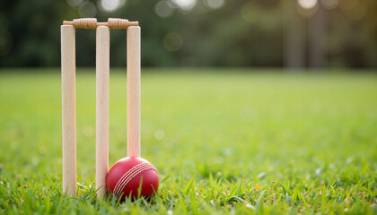 Cricket ball and stumps on grass, summer sport concept with copy space. Red cricket ball rests near wickets on green field, perfect for sports advertising.