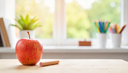 Apple and chalk on table near window classroom setting with copy space. Red apple and piece of chalk rest on light wooden surface. Classroom scene evokes knowledge and learning.
