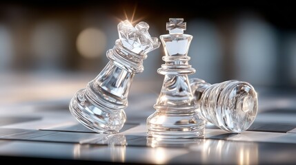 Reflective Glass Chess Pieces on Black Board