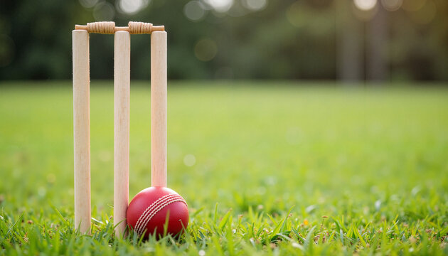 Cricket ball and stumps on grass, summer sport concept with copy space. Red cricket ball rests near wickets on green field, perfect for sports advertising.