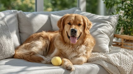 Happy Golden Retriever Relaxing on Comfy Sofa