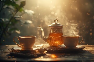 Fototapeta premium Tea set with pot and cup, calming warm tones