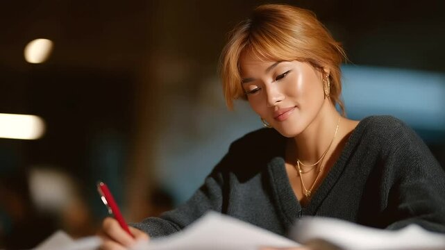 Writer revising manuscript with corrections and red pen in soft light