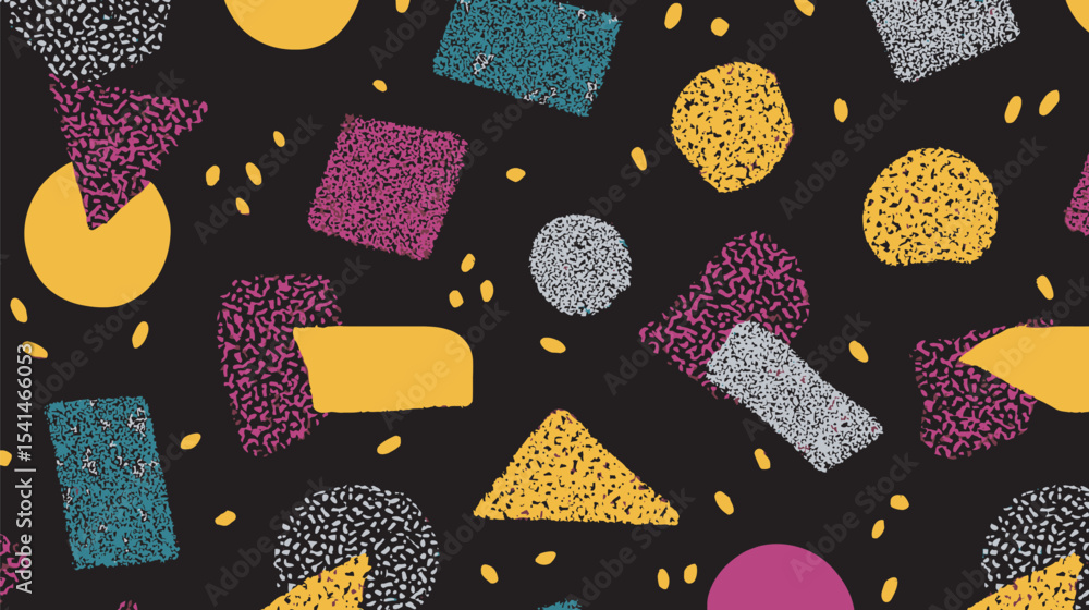 Poster dotted figures float against stark abstract dark geometric backdrop design
