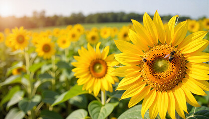 Honeybee collecting pollen on sunflower in a field, summertime with copy space.  Bright yellow sunflowers in summer field, honeybee pollinating sunflower, creating summertime ambiance.