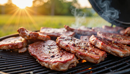 Grilled meat cooking on a barbecue grill in the sunlight, for summer picnics. Juicy grilled meat steaks sizzling on hot BBQ grill grates.