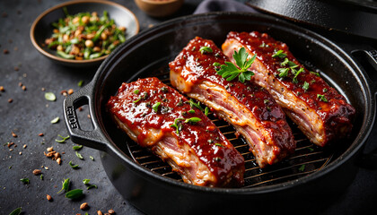 Smoked ribs with barbecue glaze in cast iron pot. Smoked ribs presented with fresh herbs and spices. Juicy smoked ribs recipe for culinary blogs and websites.