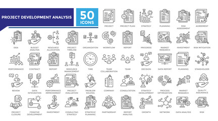 Project development analysis lineal icon set collection. This set includes project plan,strategy,risk assessment,market research and more icons in lineal style. Vector icons collection for infographic