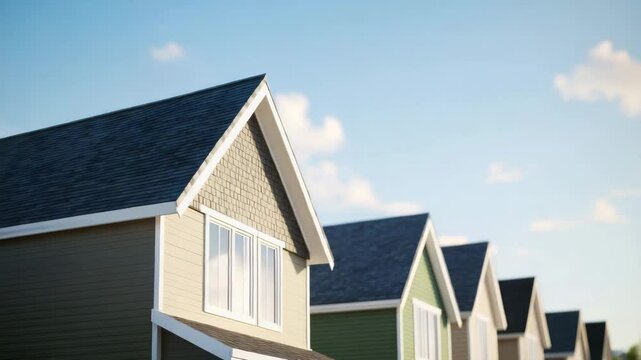 Modern house roof under blue sky with clouds, residential neighborhood featuring suburban homes and daylight, peaceful home exterior with pitched roof and large windows in clear sky