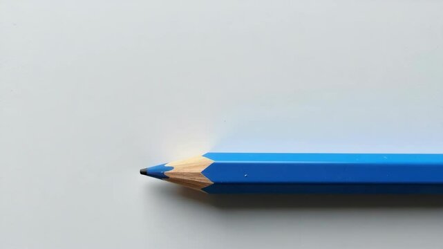 A blue wooden pencil with a sharp tip lies horizontally on a clean, white background.
