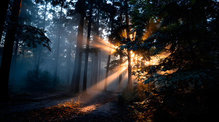 A retro postcard of a foggy forest at dawn with the last light of night retreating and the first rays of sunlight filtering through the trees, illuminating the misty atmosphere.