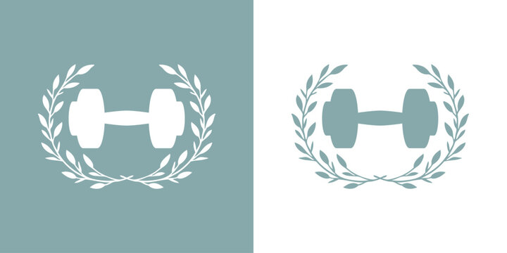 S&iacute;mbolo de victoria. Logo con silueta de mancuerna en corona de laurel	