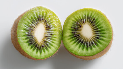 Fototapeta premium Fresh kiwi halves with vibrant green flesh and black seeds, showcasing nature's juicy perfection.