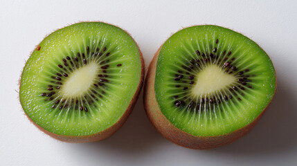 Fototapeta premium Fresh kiwi halves with vibrant green flesh and black seeds, showcasing nature's juicy perfection.