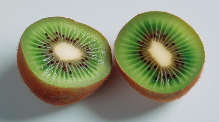 Fresh kiwi halves with vibrant green flesh and black seeds, showcasing nature's juicy perfection.