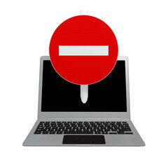 panneau sens interdit qui sort de l'écran d'un ordinateur portable, concept de site internet interdit ou bloqué - illustration 3D sur fond blanc