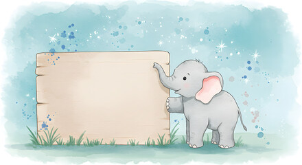 Cute cartoon elephant holding a blank wooden sign in a watercolor style