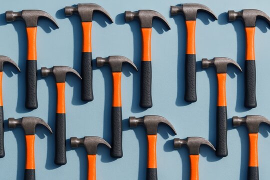 Row of orange and grey claw hammers arranged neatly on a serene blue backdrop offers a striking visual perfect for construction industry themed projects and home improvement designs.