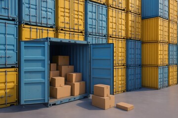 Stacked blue and yellow shipping containers display the bustling world of global trade and logistics, with cardboard boxes ready for export or import operations.