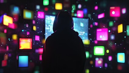 Silhouetted figure in dark hoodie facing colorful digital wall
