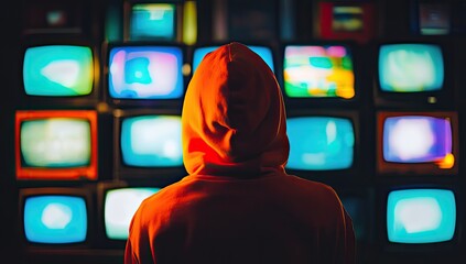 A person in an orange hoodie stands facing away from the viewer, surrounded by many vintage televisions with colorful static
