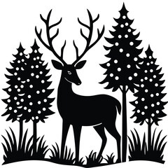 Majestic Deer in the Forest A Black and White Silhouette Illustration