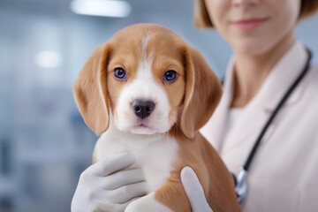 A beagle dog in the arms of a woman doctor at a veterinary clinic nearby