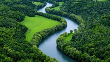 Aerial view of a winding river through a green field and forest, with a meandering stream in the middle.