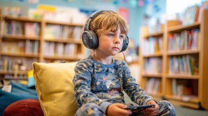 Young child in pajamas wearing large headphones and holding a device, listening attentively to an audiobook in a cozy classroom library.