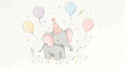 Cute Elephant Cartoon with Balloons and Party Hat Celebrating a Birthday