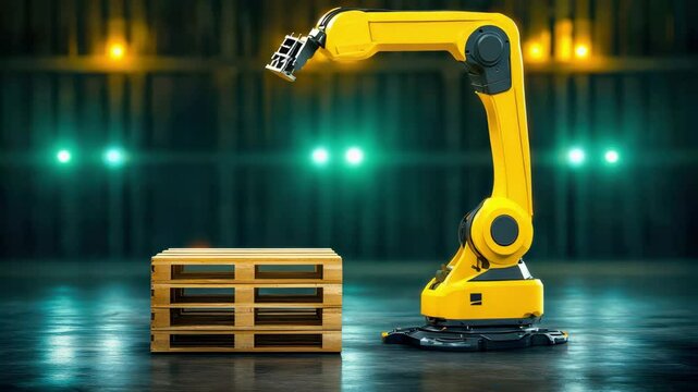 Warehouse automation, Utilization of robotic palletizers and depalletizers in the warehouse automates, Robot arm efficiently lifting wooden pallet in modern warehouse environment.