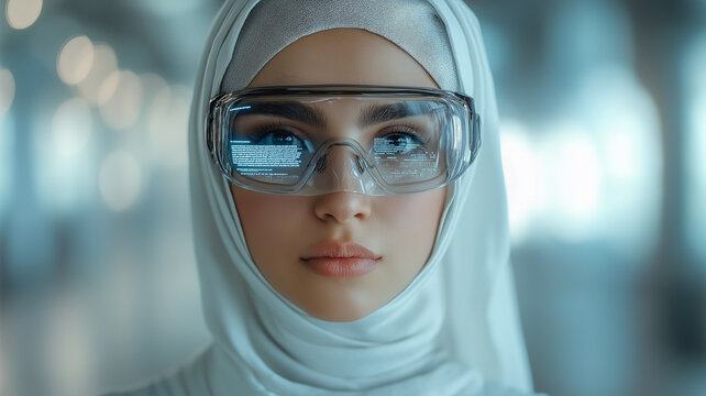 Futuristic Arab Woman in Hijab Experiencing Virtual Reality Technology, Muslim Woman Wearing VR Headset in a Digital Tech Environment, Exploring Virtual World with Augmented Reality Gear
