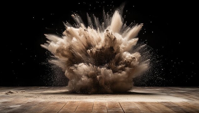 Exploding light brown powder on a wooden surface