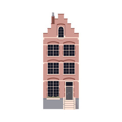 Obraz premium Historic house in English style. Old British building facade with gable roof, windows, front door and porch. European exterior, UK architecture. Flat vector illustration isolated on white background