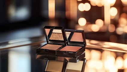Two compact eyeshadow and blush palettes, dark gray/black cases, on a reflective surface, blurred bokeh background of warm lights