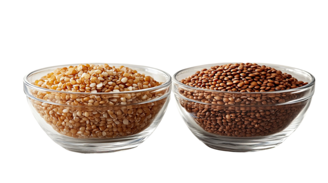 Explore the world of legumes: a visual guide to lentils and split peas in clear glass bowls for healthy eating isloted on transparent background