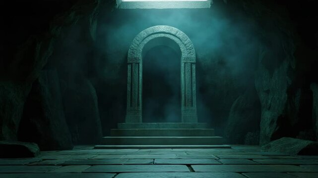 Ancient stone archway with steps inside dark cave illuminated by mysterious blue light and mist creating eerie and mystical atmosphere underground chamber with fog and light shining through opening