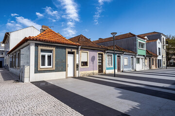 View on the beautiful facades of old buildings in Art Nouveau architectural style in Aveiro city in Portugal